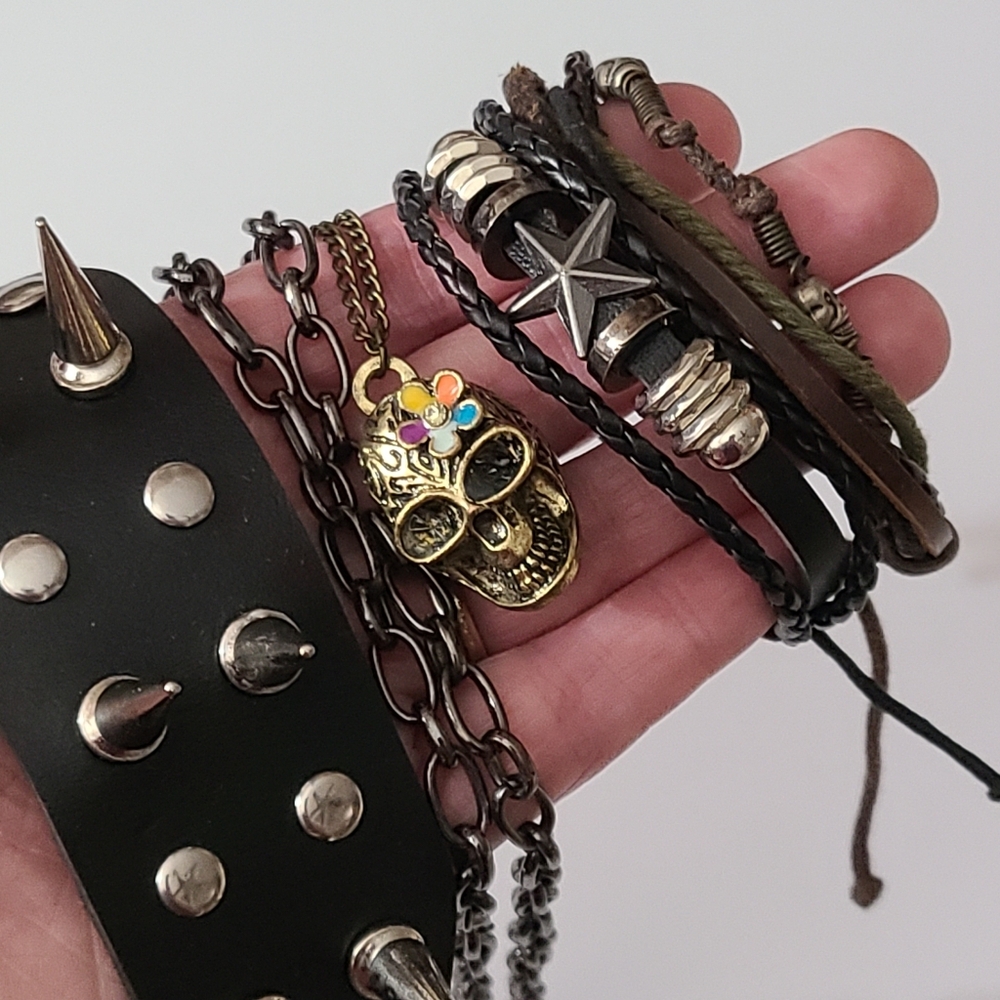 5 Pc Lot Halloween Gothic 3D Skull Leather Studded Spikes Bracelet Necklace Vtg